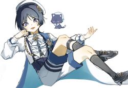  1boy aiguillette animalization aqua_gem ascot black_corset black_hair black_shoes blunt_ends bow bowtie bright_pupils collared_shirt commentary_request corset crossed_legs dress_shirt formal_clothes gem genshin_impact gold gold_trim grey_socks hands_up hat kingyo_(nyankomanjyuu15) long_sleeves looking_at_viewer male_focus official_alternate_costume open_hands person_and_animalization sailor_hat scaramouche_(cat)_(genshin_impact) scaramouche_(genshin_impact) shirt shoes shorts sitting socks solo suspender_corset suspenders tongue tongue_out violet_eyes vision_(genshin_impact) wanderer_(genshin_impact) wanderer_(resplendent_feast)_(genshin_impact) white_ascot white_bow white_bowtie white_hat white_pupils white_shirt white_shorts white_sleeves white_trim wing_collar wispy_bangs 