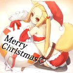  1girl absurdres animal_ears bare_shoulders belt black_legwear blonde_hair blush christmas detached_sleeves flat_chest fox_ears fox_tail hat highres if_(asita) long_hair looking_at_viewer merry_christmas original red_eyes sack santa_costume santa_hat school_uniform serafuku solo tail thigh-highs 