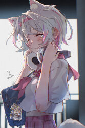  1girl ^_^ animal_ears bag blonde_hair blue_bag blurry blurry_background closed_eyes commentary_request crossed_bangs dog_ears dog_girl dog_tail double-parted_bangs extra_ears fake_horns from_side fuwawa_abyssgard fuwawa_abyssgard_(1st_costume) grin hair_between_eyes hair_intakes hairband headphones headphones_around_neck highres hololive hololive_english horn_hairband horns midriff mococo_abyssgard multicolored_hair neckerchief pink_hairband pink_neckerchief pink_sailor_collar pink_skirt pink_streaks plaid_clothes plaid_skirt pleated_skirt sailor_collar school_bag school_uniform serafuku shirt short_hair short_sleeves skirt smile solo streaked_hair tail torokko two_side_up virtual_youtuber white_shirt 