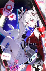  1girl black_choker black_gloves black_hat box braid choker clothing_cutout diamond_(shape) diamond_facial_mark facial_mark finger_to_face gift gift_box gloves hat heart heart_emoji heart_facial_mark highres honkai:_star_rail honkai_(series) kom376986 leg_up long_hair long_sleeves looking_at_viewer mark_under_both_eyes multicolored_hair open_mouth pink_eyes plaid_clothes plaid_sleeves red_sleeves red_streaks shoulder_cutout sitting skirt smile solo sparkle_(honkai:_star_rail) sparxie_(honkai:_star_rail) speech_bubble spoken_heart streaked_hair thigh_strap twintails white_hair white_skirt wide_sleeves 