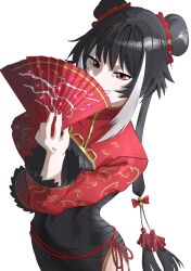  1girl absurdres arqa black_dress black_hair chinese_clothes commentary covered_navel double_bun dress folding_fan hair_bun hand_fan highres holding holding_fan jia_xichun_(project_moon) limbus_company long_hair long_sleeves looking_at_viewer multicolored_hair paper_fan pink_eyes project_moon red_shrug red_sleeves rope_belt shrug_(clothing) simple_background smile solo streaked_hair twintails white_background white_streaks 