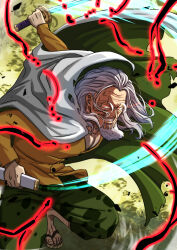  1boy beard cape facial_hair grey_hair grin highres holding holding_sheath holding_sword holding_weapon leg_hair looking_at_viewer male_focus mature_male musasabiop old old_man one_piece orange_shirt red_eyes sandals scar scar_across_eye scar_on_face sheath shirt silvers_rayleigh smile solo swinging_weapon sword weapon white_cape 