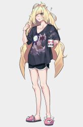  1girl ? absurdres andrich_galam bewear black_shirt black_shorts blonde_hair blush breasts coffee_mug collarbone commentary cup english_commentary full_body green_eyes hair_over_one_eye highres holding holding_cup long_hair looking_at_viewer lusamine_(pokemon) lycanroc lycanroc_(dusk) lycanroc_(midday) lycanroc_(midnight) mature_female messy_hair mug open_mouth pink_slippers pokemon pokemon_sun_and_moon revision shirt short_sleeves shorts simple_background slippers small_breasts solo sweatdrop very_long_hair 
