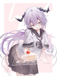  1girl abstract_background absurdres averting_eyes black_neckerchief black_skirt border cake cake_slice center-flap_bangs chinese_commentary commentary demon_horns echoine floating_hair food fruit girly_pose highres holding holding_cake holding_food holding_plate horns icing incoming_food long_hair neckerchief nervous original outside_border plate pleated_skirt purple_background purple_hair school_uniform serafuku short_sleeves skirt solo strawberry tsurime tube very_long_hair violet_eyes white_border white_serafuku 