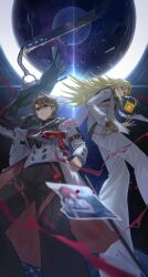  2boys absurdres astral_express_(honkai:_star_rail) black_gloves blonde_hair brown_eyes brown_hair brown_pants cane closed_mouth coat commentary elmo_(st_elmomomo) english_commentary from_below gloves grey_coat hand_up highres holding holding_cane honkai:_star_rail honkai_(series) honkai_impact_3rd jacket long_hair looking_at_viewer male_focus multiple_boys pants single_glove smile torn_photo void_archives welt_yang white_jacket white_pants 