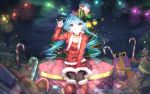  1girl aqua_eyes aqua_hair bai_yemeng bell bell_collar boots candy candy_cane christmas collar gift hat hatsune_miku highres jingle_bell knee_boots long_hair night pinky_out sitting skirt smile solo thigh-highs top_hat twintails vocaloid 