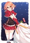  1girl box brown_eyes carrying gift gift_box glasses highres kuriyama_mirai kyoukai_no_kanata looking_at_viewer pink_hair pleated_skirt short_hair skirt snowing solo terras thigh-highs white_legwear zettai_ryouiki 