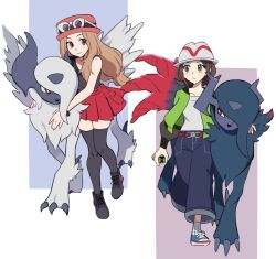 2girls absol belt black_shoes blue_shoes brown_belt brown_eyes brown_hair closed_mouth commentary_request dusk_ball eyelashes eyewear_on_headwear green_jacket grey_eyes harmony_(pokemon) hat highres holding holding_poke_ball jacket kuru_(4rfw7) mega_absol mega_absol_z multiple_girls open_clothes open_jacket pants pink_hat pleated_skirt poke_ball pokemon pokemon_(creature) pokemon_legends:_z-a pokemon_x_and_y red_skirt ribbed_socks serena_(pokemon) shirt shoes skirt sleeveless sleeveless_shirt smile socks sunglasses thigh-highs 