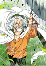  1boy black_pants closed_mouth commentary_request grass highres holding long_hair long_sleeves male_focus musasabiop old old_man one_piece orange_shirt pants round_eyewear scar scar_across_eye scar_on_face shirt silvers_rayleigh solo white_hair wind 
