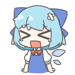  >_< 1girl arms_at_sides bandaid bandaid_on_head blue_bow blue_dress blue_hair bow cirno cirno9_89 closed_eyes collared_shirt commentary cropped_torso dress fang full_body hair_bow ice ice_wings open_mouth pinafore_dress shirt short_hair short_sleeves simple_background skin_fang sleeveless sleeveless_dress solo tears touhou untranslatable_commentary white_background white_shirt wings 
