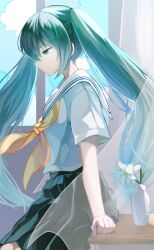  1girl aqua_eyes aqua_hair black_skirt blue_sky clouds commentary_request cowboy_shot desk flower hair_between_eyes hatsune_miku highres long_hair mani_(manidrawings) neckerchief pleated_skirt sailor_collar school_desk shirt shoujo_rei_(vocaloid) sidelocks sitting skirt sky solo twintails very_long_hair vocaloid white_sailor_collar white_shirt window yellow_neckerchief 