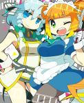  2girls ;d alternate_costume beatstream blue_eyes bow braid brown_hair character_request cosplay costume_switch green_eyes hair_bow hair_ribbon holding izayoi_sakuya izayoi_sakuya_(cosplay) knife looking_at_viewer maid maid_headdress multiple_girls mzh one_eye_closed open_mouth ribbon silver_hair smile touhou twin_braids 