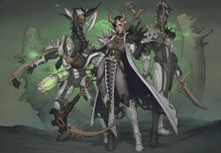  1girl 2boys alien black_hair breasts commentary eldar english_commentary genestealer glaive_(polearm) highres holding holding_scythe holding_weapon long_pointy_ears medium_breasts multicolored_hair multiple_boys pelvic_curtain pointy_ears polearm science_fiction scythe simple_background tyranid warhammer_40k weapon white_hair yangzheyy 