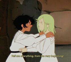  2girls agott_arklaum_(tongari_boushi_no_atelier) black_hair coco_(tongari_boushi_no_atelier) colored_skin cowboy_shot dark-skinned_female dark_skin english_text formal_clothes green_hair grey_hair hand_on_another's_shoulder hand_on_another's_waist highres long_sleeves looking_at_another multiple_girls oa_lien open_mouth short_hair standing tongari_boushi_no_atelier 