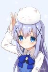  1girl animal_on_head arm_up blue_eyes blue_hair blush bust gochuumon_wa_usagi_desuka? irimo-m jpeg_artifacts kafuu_chino long_hair tippy_(gochuumon_wa_usagi_desuka?) twitter_username 