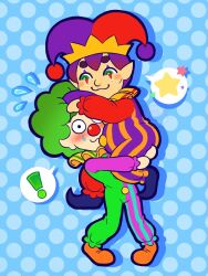  ! 1boy 2boys bittertoxicity blue_background blush blush_stickers bubbles_(tomodachi_life) carrying carrying_person clown drop_shadow eyeshadow facepaint flying_sweatdrops full_body green_hair hat hugh_morris_(tomodachi_life:_living_the_dream) jester jester_cap long_sleeves makeup male_focus mii_(nintendo) multiple_boys overalls pants pointy_ears polka_dot polka_dot_background purple_eyeshadow purple_hair red_eyes red_nose short_hair smile speech_bubble spoken_exclamation_mark star_(symbol) striped_clothes striped_pants sweatdrop thick_eyebrows tomodachi_life tomodachi_life:_living_the_dream vertical-striped_clothes vertical-striped_pants 