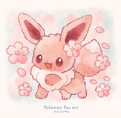  artist_name brown_eyes cherry_blossoms commentary copyright_name eevee highres mofucoffee no_humans open_mouth petals pokemon pokemon_(creature) smile solo untranslatable_commentary 