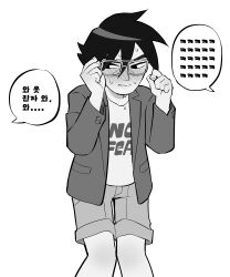  1boy absurdres blush bnm6517 gideon_graves glasses highres korean_commentary male_focus monochrome scott_pilgrim_(series) scott_pilgrim_takes_off sweatdrop translation_request 