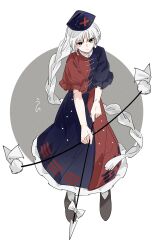  1girl arrow_(projectile) blue_dress blue_hat bow_(weapon) braid brown_shoes closed_mouth commentary constellation_print cross cross_print drawing_bow dress frown full_body grey_hair hat highres holding holding_arrow holding_bow_(weapon) holding_weapon long_hair looking_at_viewer nurse_cap o_(crazyoton46) print_dress print_hat red_cross red_dress shoes solo touhou two-tone_dress very_long_hair weapon yagokoro_eirin 