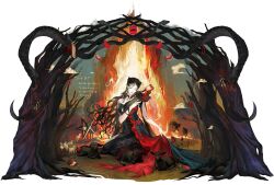  1girl apple apple_slice artist_request bare_shoulders black_hair black_sheep black_snake closed_eyes closed_mouth clouds facial_mark fairy fire flower food fruit highres holding_sheep jelena_(path_to_nowhere) moon moon_phases official_alternate_costume official_art path_to_nowhere pentagram red_eyes red_flower red_moon red_rose rose sheep teardrop_facial_mark 