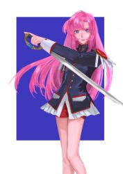  1girl absurdres bare_legs black_jacket blue_background blue_eyes border chinese_commentary closed_mouth collared_jacket commentary_request epaulettes expressionless feet_out_of_frame fighting_stance frilled_jacket frills gold_buttons high_collar highres holding holding_sword holding_weapon jacket knees lipstick long_hair long_sleeves looking_at_viewer makeup muzi435235 nostrils outside_border parted_bangs pink_hair pink_lips pocket red_shorts short_shorts shorts shoujo_kakumei_utena sleeve_cuffs solo sword tenjou_utena very_long_hair weapon white_border 