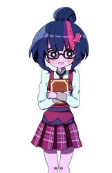  1girl animification blue_hair book bright_pupils colored_skin commentary_request cowboy_shot crystal_prep_academy_school_uniform cutie_mark equestria_girls:_friendship_games glasses hair_bun hair_ornament highres holding holding_book long_sleeves looking_at_viewer lottemkmkd multicolored_hair my_little_pony my_little_pony:_equestria_girls my_little_pony:_friendship_is_magic necktie open_mouth pink_streaks plaid_clothes plaid_skirt pleated_skirt purple_necktie purple_skin purple_skirt purple_streaks purple_vest school_uniform sci-twi shirt short_hair shy simple_background single_hair_bun skirt solo standing streaked_hair tachi-e transparent_background twilight_sparkle vest violet_eyes white_shirt 