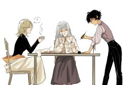  agott_arklaum_(tongari_boushi_no_atelier) black_hair blue_hair chair coco_(tongari_boushi_no_atelier) colored_skin cup desk formal_clothes green_hair highres holding holding_cup long_hair long_sleeves multiple_girls oa_lien paper richeh_(tongari_boushi_no_atelier) short_hair sitting standing tongari_boushi_no_atelier white_background 