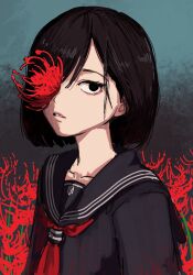  1girl aqua_background arms_at_sides black_background black_eyes black_hair black_sailor_collar black_shirt blood blood_on_clothes collarbone commentary_request floral_background flower flower_over_eye gradient_background hair_between_eyes highres long_sleeves looking_at_viewer neckerchief no_pupils one_eye_covered parted_lips red_flower red_neckerchief ryoha_kosako sailor_collar school_uniform serafuku shimizu_hinako shirt silent_hill_(series) silent_hill_f solo spider_lily two-tone_background upper_body 
