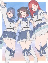  365_days_(love_live!) 3girls :d ;d ^_^ black_hair blue_bow blue_bowtie blue_eyes blue_hair blue_skirt blue_sky boots border bow bowtie buttons closed_eyes commentary_request double-breasted double_bun double_gyaru_v fang feet_out_of_frame flower fold-over_boots frilled_skirt frilled_sleeves frills gradient_hair gradient_sky gyaru_v hair_bun hair_flower hair_ornament highres indoors kinjou_maika link!_like!_love_live! long_hair looking_at_viewer love_live! medium_hair miniskirt multicolored_hair multiple_girls one_eye_closed open_mouth outside_border pink_hair pleated_skirt puffy_short_sleeves puffy_sleeves red_eyes red_hair reizawa_aoi shirin_mion shirt short_sleeves skirt sky smile soyo1558686 two_side_up v white_boots white_border white_flower white_shirt yellow_sky 