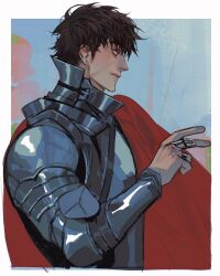  1boy arm_up armor border breastplate brown_hair cape character_request closed_mouth copyright_request dark-skinned_male dark_skin gorget highres knight long_sleeves male_focus medium_sideburns messy_hair profile red_cape short_hair sideburns solo twistedfei white_border 