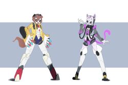  2girls :d arm_at_side arm_cannon arm_up arms_at_sides black_sclera brown_eyes colored_sclera commentary deevious_deevi dual_arm_cannons english_commentary fangs full_body highres hologram hololive inugami_korone inugami_korone_(1st_costume) joints looking_at_viewer mechanical_ears mechanical_hair mechanization metal_skin missile multiple_girls nekomata_okayu nekomata_okayu_(1st_costume) open_hands open_mouth robot_girl robot_joints shadow simple_background skin_fangs smile standing symbol-shaped_pupils tail violet_eyes weapon wire 