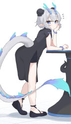  1girl absurdres bead_bracelet beads black_dress black_shoes black_shorts blue_eyes blush bracelet bun_cover china_dress chinese_clothes commentary_request double_bun dragon_girl dragon_horns dragon_tail dress flats full_body fur-tipped_tail grey_hair hair_bun hand_on_own_chin head_rest highres horns jewelry leaning_forward leaning_on_object looking_at_viewer looking_back notice_lines original pointy_ears shoes short_hair shorts simple_background solo table tail tail_through_clothes tetetaco white_background 