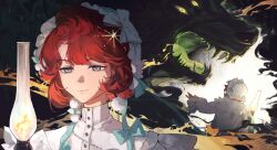  1girl absurdres black_background blue_eyes chinese_commentary closed_mouth commentary_request dress fire hat highres lamp marsha_(reverse:1999) mole mole_under_eye monster multiple_views muonrei00 official_alternate_costume portrait red_hair reverse:1999 short_hair white_dress white_hat 