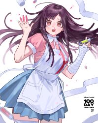  1girl absurdres blood blood_on_clothes blood_on_face blue_skirt brown_eyes city_(nnnnnnn_100) danganronpa_(series) highres pink_shirt purple_hair shirt simple_background skirt solo thigh-highs tsumiki_mikan white_background white_thighhighs 