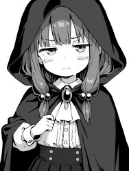  1girl blush cloak closed_mouth commentary_request greyscale hair_bobbles hair_ornament hand_up highres hood hood_up hooded_cloak long_hair long_sleeves looking_at_viewer monochrome original pleated_skirt shirt_tucked_in simple_background skirt solo upper_body white_background yuuji_overall 