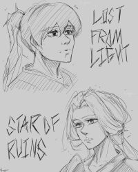  1boy 1girl billion277 curtained_hair expressionless greyscale hatching_(texture) head_tilt high_ponytail highres long_hair looking_to_the_side low-tied_long_hair monochrome nephis_(shadow_slave) ponytail portrait shadow_slave sunny_(shadow_slave) 