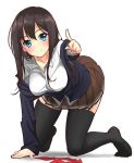  1girl all_fours black_legwear blue_eyes blush breasts brown_hair collarbone long_hair max_melon_teitoku no_shoes pleated_skirt pointing pointing_at_viewer school_uniform simple_background skirt smile solo thigh-highs white_background 