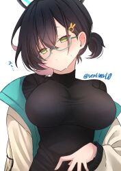  1girl black_hair blue_archive blush breasts chihiro_(blue_archive) chihiro_(camp)_(blue_archive) commentary_request glasses green-framed_eyewear green_eyes hair_between_eyes hair_ornament halo hat highres jacket large_breasts long_sleeves official_alternate_costume official_alternate_hairstyle rabbit_hair_ornament short_hair simple_background solo sweat twitter_username upper_body vent_vert_(kuuya) white_background 