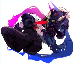  1other bandana black_bandana black_coat black_hood black_skin blue_sclera boots brown_boots coat colored_sclera colored_skin crossed_legs demon_horns energy facing_to_the_side fire flaming_eye flaming_weapon fur-trimmed_coat fur_trim grassjeak high_contrast highres holding holding_knife hood hood_up horned_hood horns invisible_chair knife looking_down magic multicolored_horns open_clothes open_coat open_hand original pants pink_sclera scarf sitting sleeves_rolled_up third_eye torn_clothes torn_coat two-tone_scarf weapon white_background white_eyes white_pants 