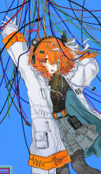  1girl a.i._voice absurdres adachi_rei android arm_up arms_up belt belt_pouch black_pantyhose black_shirt blue_background cable commentary english_commentary feet_out_of_frame floating_hair gloves grey_skirt hair_ribbon headlamp headset highres illtenji jacket long_sleeves looking_at_viewer medium_hair one_eye_closed one_side_up open_clothes open_jacket open_mouth orange_belt orange_eyes orange_hair pantyhose pleated_skirt pouch radio_antenna ribbon shirt simple_background skirt solo sound_wave turtleneck twitter_username utau white_gloves white_jacket white_ribbon 