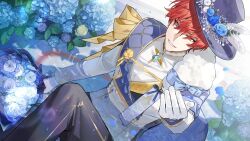  1boy black_pants blue_bow blue_cape blue_eyes blue_flower blue_gem blue_hat blue_petals blue_rose bon_(bony_53) bouquet boutonniere bow brooch cape contrast_lapels falling_petals feet_out_of_frame flower fur-trimmed_cape fur_trim gem gloves hair_between_eyes hat hat_feather hat_flower heterochromia highres holding holding_bouquet hydrangea jacket jewelry lapels long_sleeves looking_at_viewer nemophila_(flower) notched_lapels offering_hand original pants parted_lips partially_submerged petals red_hair rose shirt short_hair side_cape sitting smile solo teardrop-shaped_gem top_hat water white_flower white_gloves white_jacket white_rose white_shirt wing_brooch yellow_bow yellow_eyes yellow_flower 