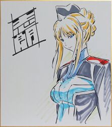  1girl blonde_hair blue_eyes border braid breasts choppy_bangs crown_braid disembodied_torso facing_to_the_side gloria_louise gold_border hat jacket jinrouki_winvurga large_breasts light_smile long_sidelocks looking_at_viewer marker_(medium) military_hat military_uniform multicolored_jacket sidelocks signature simple_background traditional_media tsunashima_shirou 