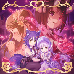  4girls album_cover animal_ear_fluff animal_ears bare_shoulders belt blunt_bangs bracelet breasts brown_hair cd chain closed_eyes closed_mouth collarbone commentary_request cover cygames demon_horns double_bun dress dress_flower elf english_text eriko_(commander)_(princess_connect!) eriko_(princess_connect!) flower frilled_dress frills gloves hair_between_eyes hair_bun hair_flower hair_ornament hair_ribbon hat highres horns jewelry kyoka_(princess_connect!) kyoka_(spring)_(princess_connect!) logo long_hair makoto_(commander)_(princess_connect!) makoto_(princess_connect!) multiple_girls necktie official_art open_mouth own_hands_clasped own_hands_together petals pink_flower pointy_ears princess_connect! purple_hair ribbon rose second-party_source shirt sidelocks single_bare_shoulder sitting suzume_(princess_connect!) suzume_(spring)_(princess_connect!) sweatdrop tail violet_eyes white_flower white_gloves white_shirt wolf_ears wolf_tail yellow_eyes yellow_flower 