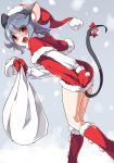  1girl animal_ears back bag blush boots capelet christmas dress gloves gradient gradient_background grey_hair hand_on_ass hat highres kozakura_(dictionary) long_sleeves looking_at_viewer looking_back mouse_ears mouse_tail nazrin open_mouth red_dress red_eyes red_gloves santa_boots santa_costume santa_hat snowing solo tail tail_bow touhou 