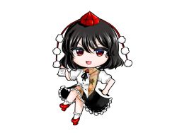  :3 black_hair black_skirt chibi chibi_only commentary frilled_skirt frills full_body geta hat highres holding holding_notebook holding_pencil jyugem looking_at_viewer notebook open_mouth pencil pom_pom_(clothes) puffy_short_sleeves puffy_sleeves red_eyes red_hat shameimaru_aya short_hair short_sleeves simple_background skirt tengu-geta tokin_hat touhou v-shaped_eyebrows white_background 
