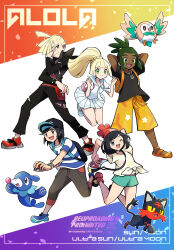  2girls 3boys :3 absurdres aqua_shorts arms_behind_head backpack bag baseball_cap black_bag black_eyes black_hair black_hat black_hoodie black_pants black_shirt blonde_hair blue_shoes blush bracelet clenched_hands closed_mouth colored_sclera commentary_request copyright_name dark-skinned_male dark_skin elio_(pokemon) eyelashes fangs fanny_pack gladion_(pokemon) green_eyes green_hair grey_pants hair_over_one_eye handbag hat hau_(pokemon) highres hood hoodie jewelry lillie_(pokemon) litten long_hair long_sleeves multiple_boys multiple_girls one_eye_closed open_mouth orange_bag orange_shoes outline pants pink_bag pokemon pokemon_(creature) pokemon_sun_and_moon ponytail popplio red_bag red_hat red_shoes rowlet sawarabi_(sawarabi725) selene_(pokemon) shirt shoes short_hair short_sleeves shorts sidelocks skirt smile split_mouth starter_pokemon_trio striped_clothes striped_shirt teeth torn_clothes torn_pants upper_teeth_only white_outline white_shirt white_shoes white_skirt yellow_sclera yellow_shorts z-ring 