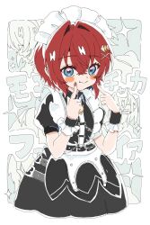  1girl akira_(ujt_l2) ange_katrina belt black_belt black_dress black_wrist_cuffs blue_eyes blush_stickers closed_mouth commentary_request cropped_legs crossed_bangs dot_nose dress fingers_to_cheeks forced_smile frilled_wrist_cuffs frills grey_background hair_between_eyes hair_intakes hair_ornament hand_up highres looking_at_viewer maid_headdress multicolored_eyes multiple_views nail_polish nijisanji official_alternate_costume pink_eyes puffy_short_sleeves puffy_sleeves red_hair red_nails short_hair short_sleeves sparkle translation_request triangle_hair_ornament two-tone_eyes virtual_youtuber white_headdress wrist_cuffs x_hair_ornament 