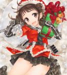  1girl ahoge bell black_gloves black_skirt blush brown_eyes brown_hair christmas elbow_gloves fang fur_trim gift gloves hat holding kantai_collection marker_(medium) microskirt naka_(kantai_collection) open_mouth pastel_(medium) pleated_skirt sack santa_costume santa_hat short_hair short_sleeves skirt smile snowflakes solo traditional_media turret yukitsuki_kokoro 