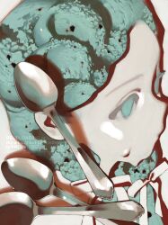  1girl aqua_eyes aqua_hair bow english_text food from_side gtsleep1200 hair_bow hair_ribbon highres ice_cream long_hair looking_ahead low_twintails melting mint_chocolate original portrait profile ribbon simple_background solo spoon surreal twintails watermark white_background white_bow 