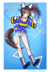  1girl akane_(akane112234) animal_ears bead_bracelet beads belt blue_hair blue_shirt blush boots bracelet breasts brown_hair collarbone commentary_request cutoffs daitaku_helios_(umamusume) ear_covers facial_tattoo grin hair_ornament hairclip hand_on_own_hip highres horse_ears horse_girl horse_tail jewelry long_hair looking_at_viewer midriff_peek multicolored_hair necklace one_eye_closed open_mouth shirt shorts side_ponytail smile solo star_(symbol) star_hair_ornament streaked_hair tail tattoo teeth tied_shirt umamusume w white_shorts yellow_belt yellow_eyes 